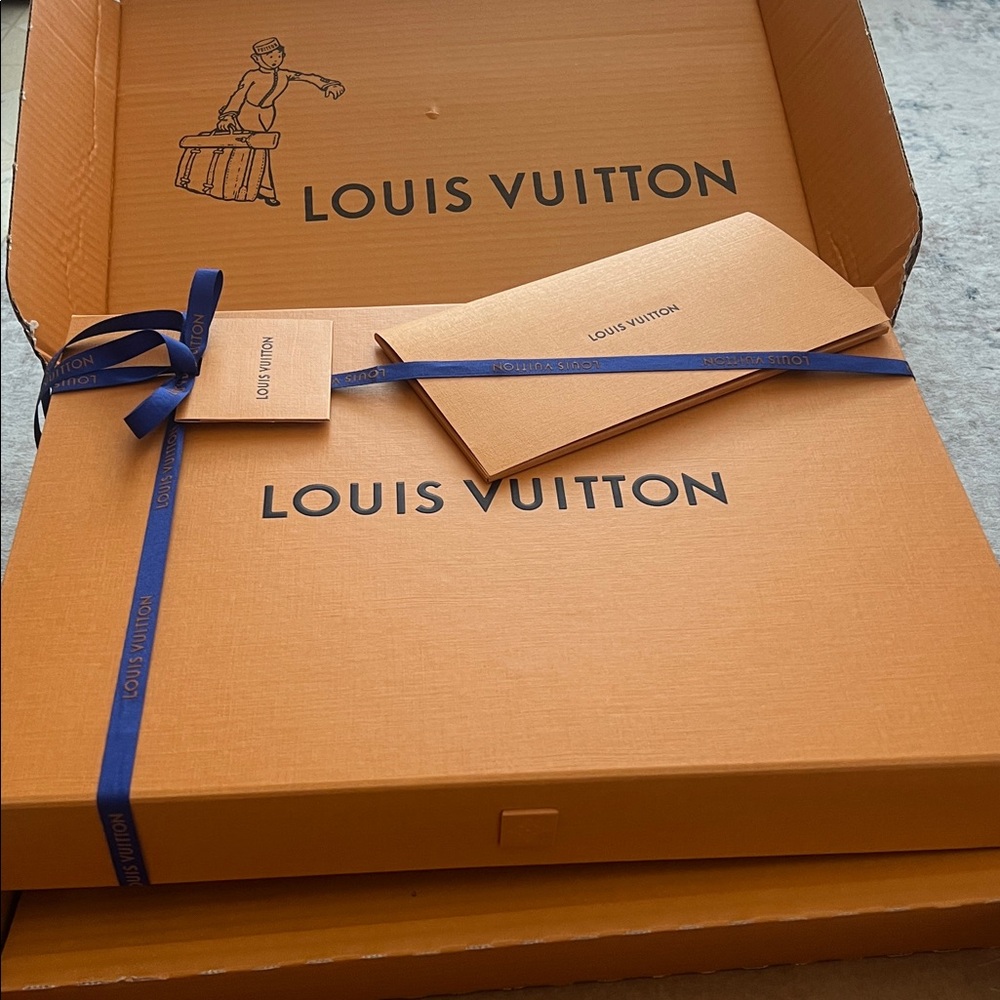 Louis Vuitton Orange Gift Box, Blue Ribbon, envelope, tag, tissue 16 x 11 x 2